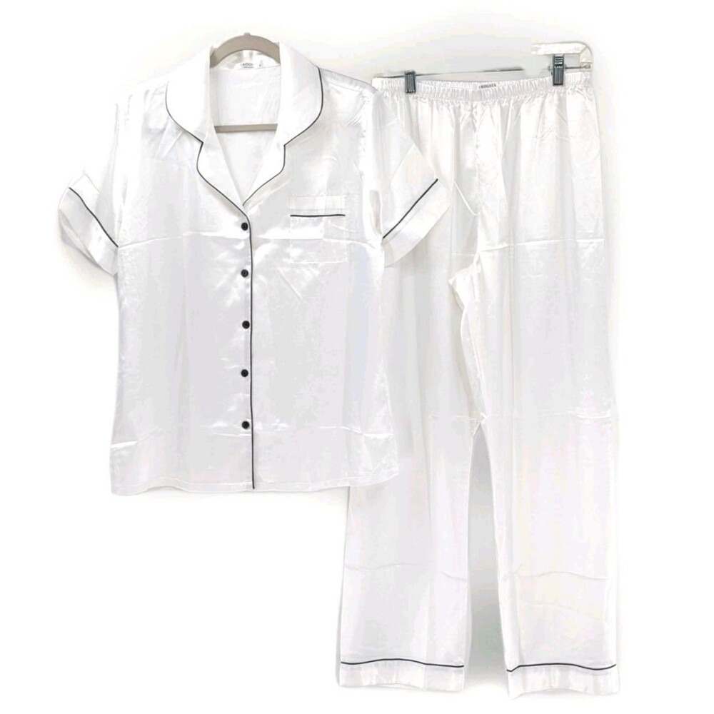 Satin White Black Trim 2pc Pajama Set Button Front Short Sleeve & Pants Medium